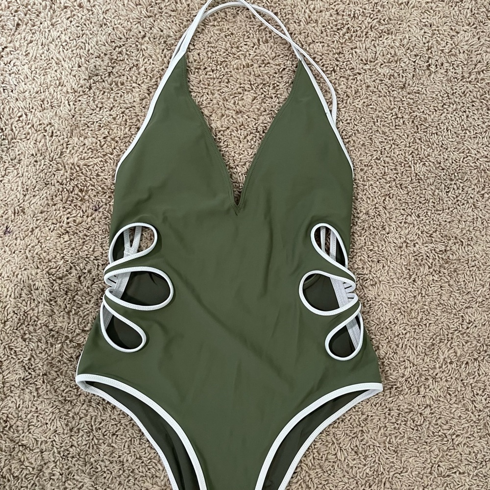 Aerie Olive Green and White One Piece Swimsuit